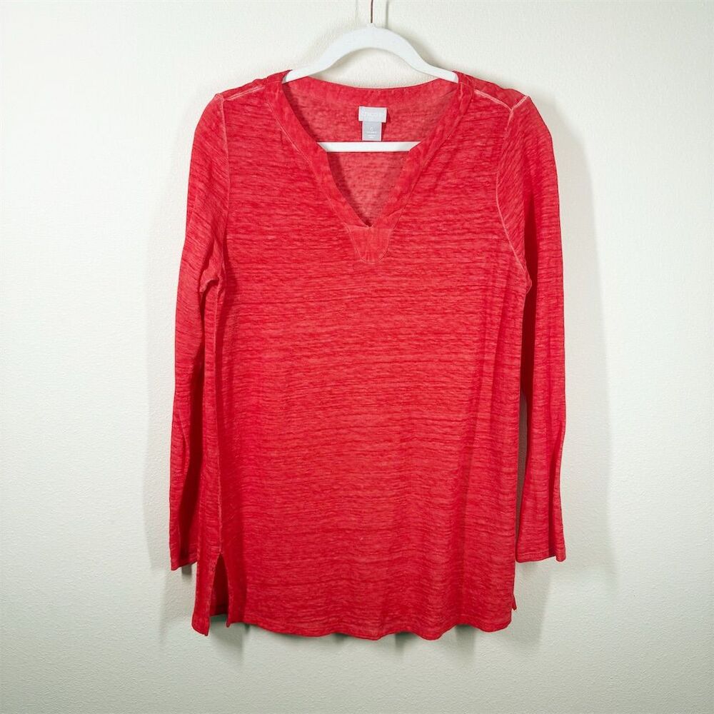 Chicos Linen Split V Neck Tunic‎ Size S Orange Red Slub Knit Long Sleeve Summer